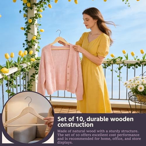 Premium Wooden Hangers 10 Pack, Solid Wood Hanger with Non Slip Pant Bar, Heavy Duty Wooden Coat Hanger, Smooth Finish Wood Clothes Hangers for Shirts, Suits, Jackets, Dress (Natural Unfinished)