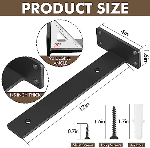 6 Pack Heavy Duty Metal Shelf Brackets 12 inch Long,Black