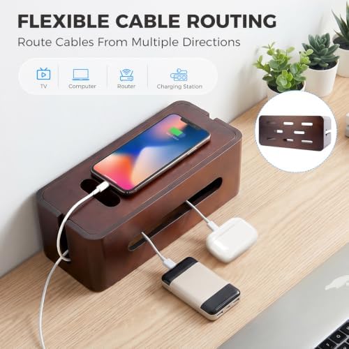 Large Wooden Cable Management Box, Cord Organizer for Power Strip, Surge Protector & Chargers, Ventilation Holes & Multi