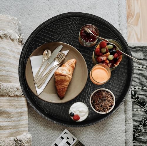 HofferRuffer Round Serving Tray 20'', Elegant Faux Leather Circle Ottoman Table Tray, Serve Tea Coffee Breakfast in Bedr