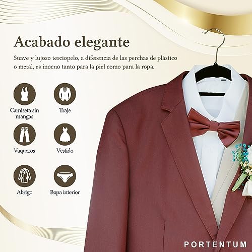 PORTENTUM Velvet Hangers, Pack of 10, Black, Accessory Holder, 360º Hook, Space Saving, Notches for Dresses, Non-Slip Hangers, for All Types of Clothes, Made in Spain