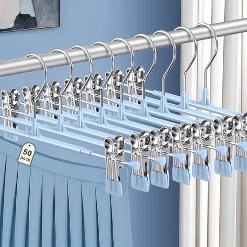 POZEAN Pants Hangers with Clips for Women 50 Pack, 12Inch Adjustable Heavy Duty Skirt Hangers, Space Saving Non-Slip Shorts Jeans Trousers Clothes Hangers, Blue