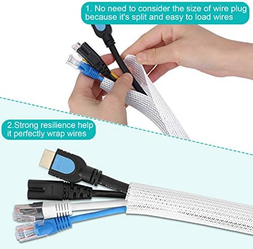 6.6ft - 2/3 inch White Cable Sleeve, Cable Organizer for Desk PC TV Computer, Wire Protector Cable Wrap Cover, Cord Mana