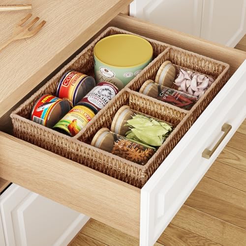 Vagusicc Wicker Divided Storage Basket, Wicker Baskets, Basket for Shelves Drawer Organizing, 3 Section Rectangular Wove