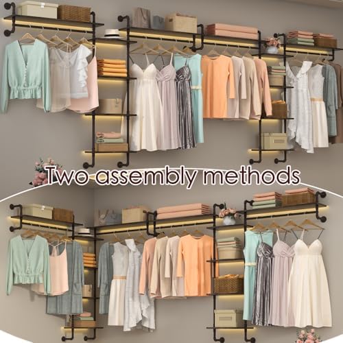 Helsin 5-Tiers 74inch Large Rustic Industrial Pipe Floating Shelving, Wall Mounted Heavy Duty Clothes Rack with Double H