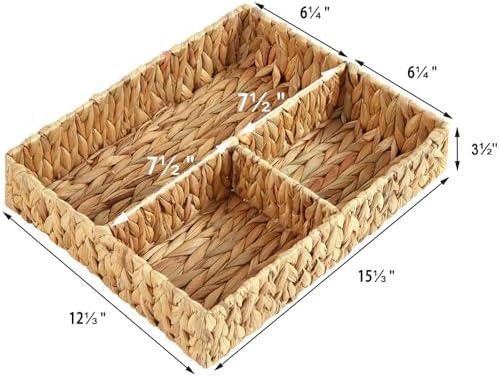 Vagusicc Wicker Divided Storage Basket, Hand-Woven Water Hyacinth Wicker Baskets, Basket for Drawer Organizing, 3 Sectio