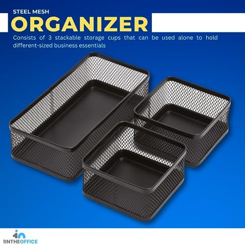 1InTheOffice Mesh Collection Desk Drawer Organizer Tray 3 Compartment - Stackable, Matte Black