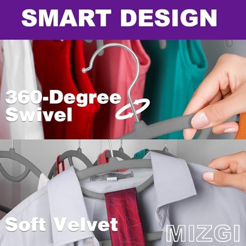 MIZGI Premium Velvet Hangers 50-Pack,No Shoulder Bump Hangers W/Tie Bar Ultra Thin Space Saving Non Slip Hanger Heavy Duty Felt Rounded Clothes Hanger for Sweaters,Coat,Jackets,Pants,Shirts