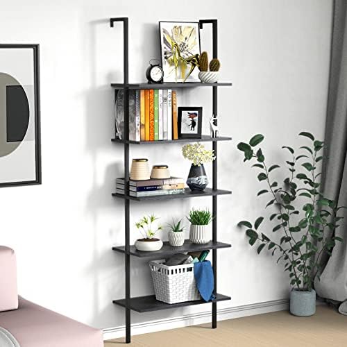 Ladder Shelf Bookshelf, 5-Tier Industrial Bookshelf with Metal Frame and Wood Board, Wall Mounted Bookcase Open Shelf Or