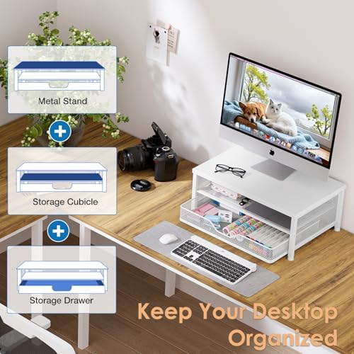 OPNICE Computer Monitor Stand Riser, Desk Organizer with Drawer, Printer & Laptop Stand, Office Desk Accessories & Works