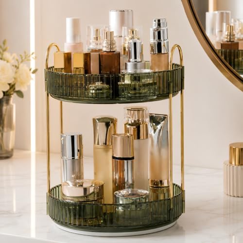 360° Rotating Makeup Organizer, 2 Tier Spinning Cosmetic Organizer for Vanity & Bathroom Countertop, Holds Tall Skincare