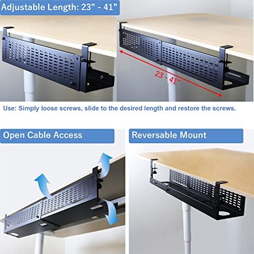 AEONS Under Desk Cable Management Tray Kit - Horizontal Adjustable up to 41” Removable C Clamp Mount Reversible Computer