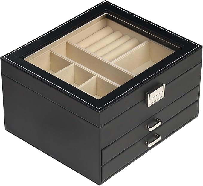 BOOVO Clear Lid Jewelry Box,3 Layers Jewelry Organizer Large Jewelry Storage Box with 2 Drawers,Jewelry Holder Organzier of Rings Earrings Necklace Bracelets for Women (Black, 3 Layer)
