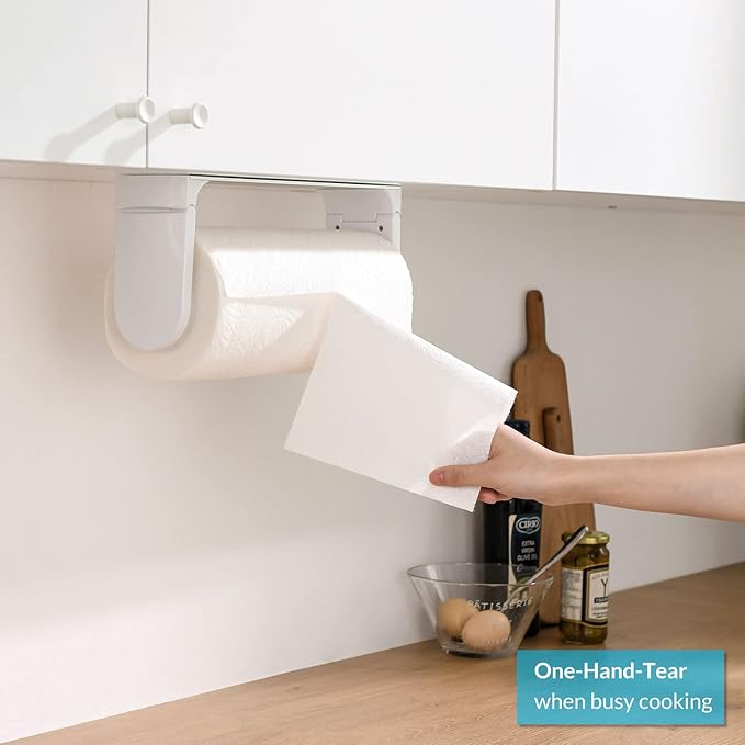 simpletome ONE Hand Simple Tear Paper Towel Holder Under Cabinet (White) | tension arms, tear one/more sheets at one time | aluminum alloy+abs | adhesive or drilling for wall/cabinet | for 28cm roll