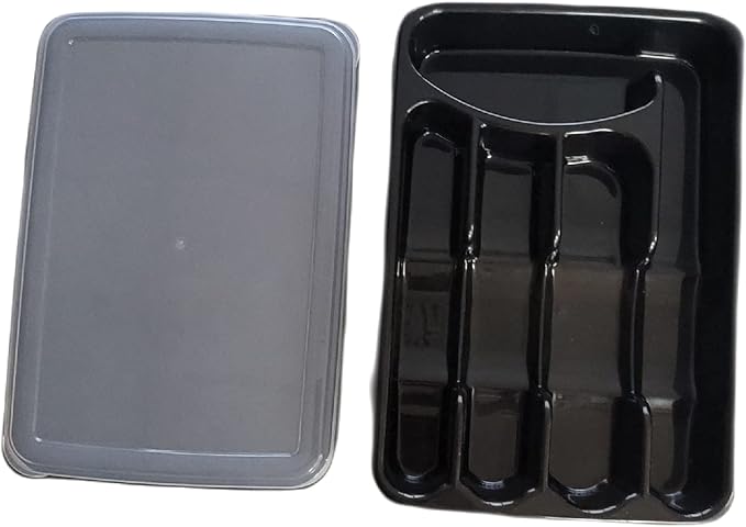 Utensil and Silverware Organizer tray for drawer with cover -Cutlery Flatware Organizer with lid - for kitchen drawer, BBQ, picnic, Covered flatware tray,5 Compartments - Plastic (BLACK)