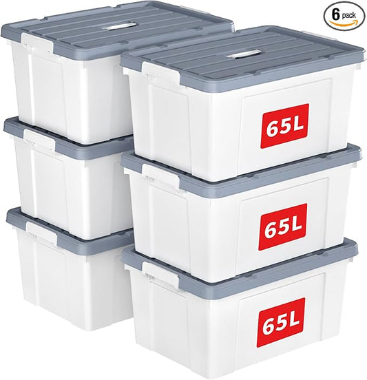 Cetomo Lidded Storage Bin with Handle, Tote Organizing Container with Wheels, Lid and Secure Latching Buckles, Stackable and Nestable, Plastic, 72 Quart-6 Pack, White