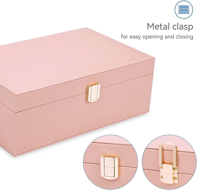 LANDICI Jewelry Box Organizer for Women, 2 Layer 4 Slot Watch Storage Case with Removable Tray, PU Leather Large Jewellery Holder Display for Watches Sunglasses Rings Earrings Necklace, Pink