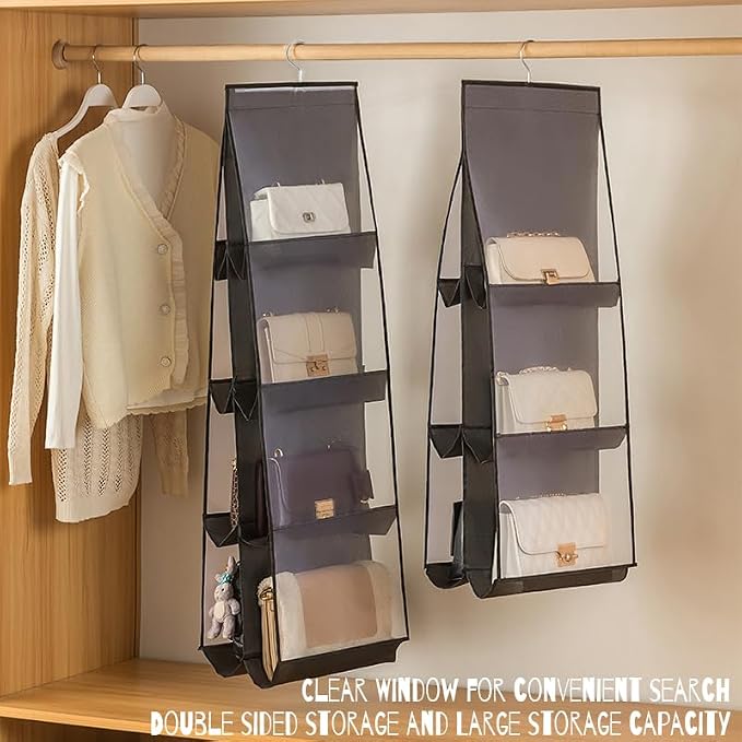 MURRI&MURRDI Hanging Handbag Organizer for Closet, Purse Storage Holder with 8 Clear Mesh Pockets, Space Saving Purse Hanger for Wardrobe, Black