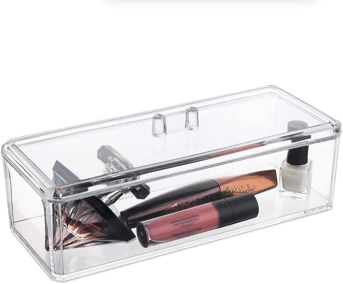 Acrylic Makeup Organizer Cosmetic Storage Display Case Makeup Brush Cotton Ball Pads Swab Q-tip Holder Lipstick Dispenser Canister Bathroom Container (9.2x3.7x3.5in, 1 Tier, Clear)