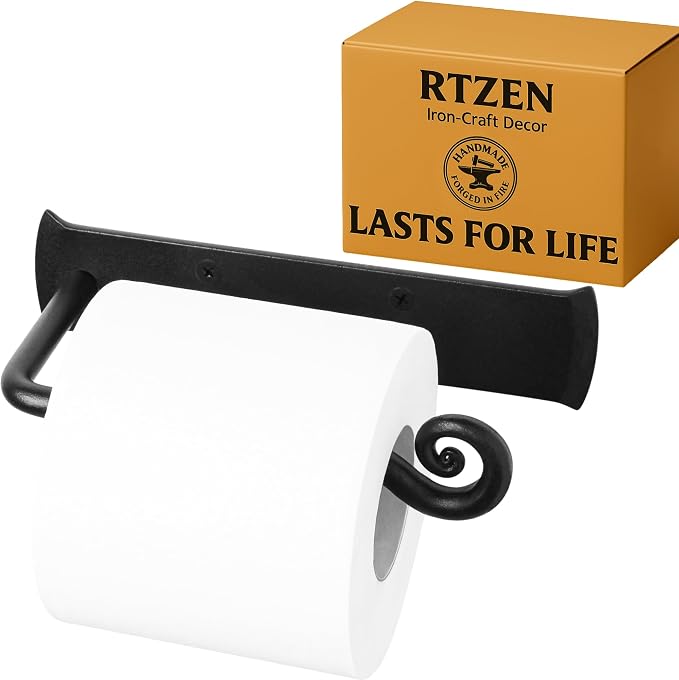RTZEN Bathroom Toilet Paper Holder - Handcrafted Rustic Wrought Iron Wall Decor Toilet Roll Holder - Black Matte Wall Mount Bar for Modern Farmhouse Bathroom Decor