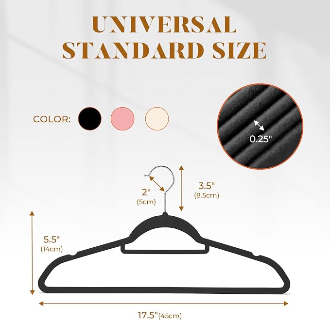HOUSE DAY Premium Velvet Hangers 20 Pack, Non-Slip Hangers with Tie Bar | Elegance Black Standard Clothes Hanger Slim Felt Hanger with 360° Swivel Hook for Closet Organized Storage，72g/Pc