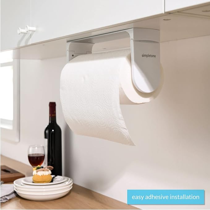 simpletome ONE Hand Simple Tear Paper Towel Holder Under Cabinet (White) | tension arms, tear one/more sheets at one time | aluminum alloy+abs | adhesive or drilling for wall/cabinet | for 28cm roll