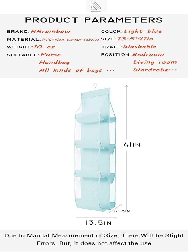 AARAINBOW 1 Pack Hanging Handbag Purse Organizer, Handbag Organizer with 8 Easy Access Pockets, Purses Holder Wardrobe Closet Space Saving Organizers, 41 L x 13.5W (B-Blue)