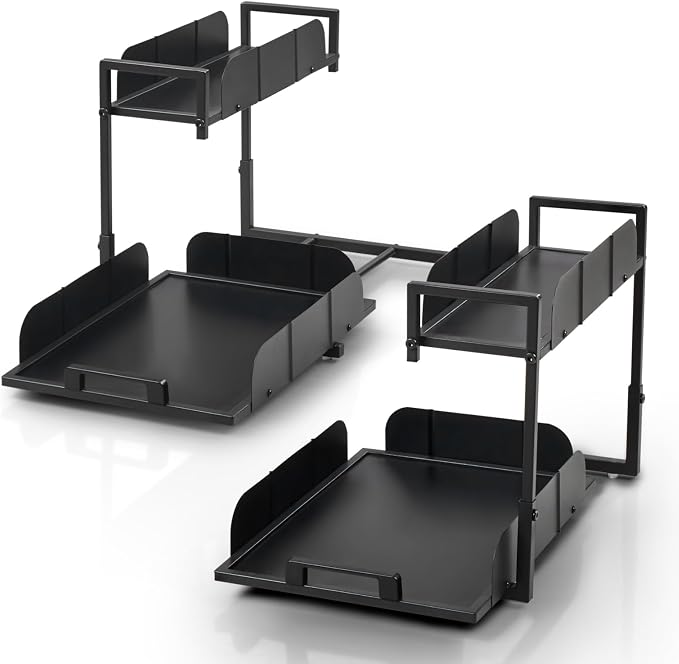Under Kitchen Sink Organizer, 2 Tier Metal Pull Out, 2 Pack | Sliding Drawer, Heavy Duty, Bathroom Organizers and Storage Shelf, For Home, Laundry, Office