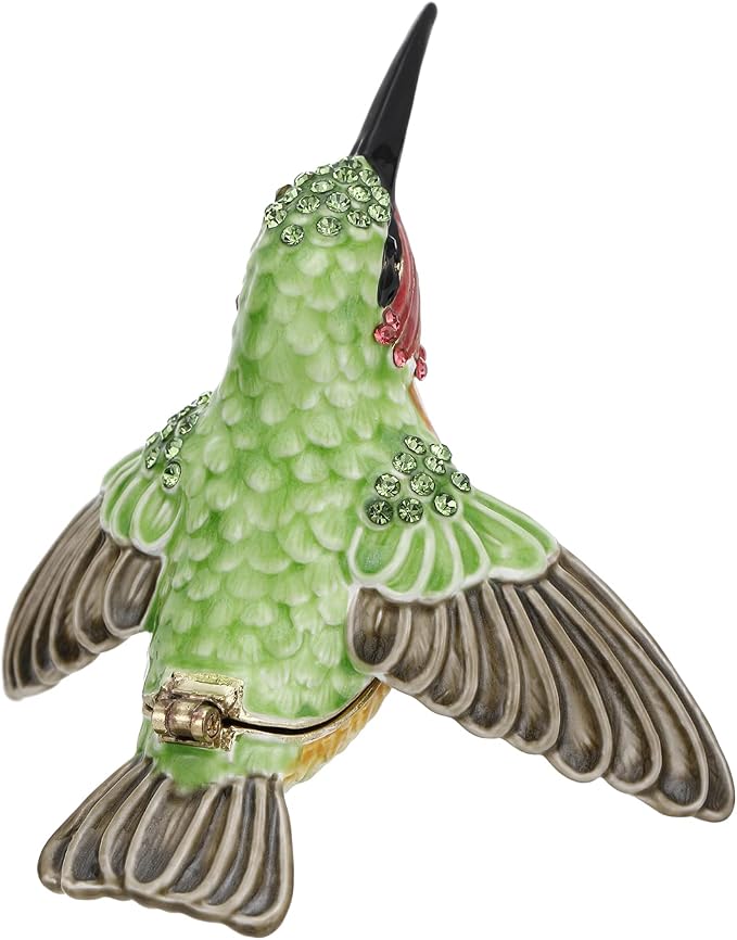 Hand Painted Enamel Hummingbird Trinket Box for Home Decor, Hinged Jewelry Organizer for Ring Earrings, Unique Figurine Keepsake Collectible Personalized Handmade Ornament Gifts (Green Hummingbird-1)