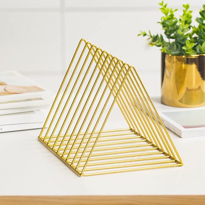 Sooyee 9 Slot Gold Magazine Holder, Desktop File Sorter Organizer Triangle Bookshelf Decor for Home Office, 10.2" L x 7" W x 6.9" H, Iron Wire