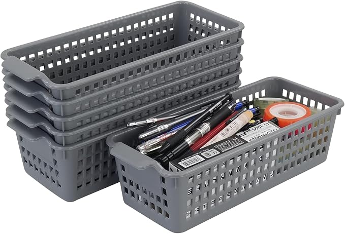 Slim Storage Basket Bins, 6 Pack Grey Plastic Baskets