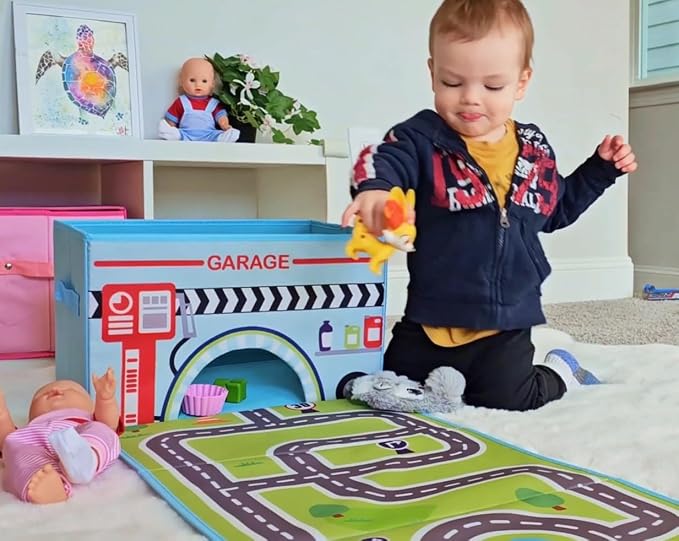SAM AND MABEL Toy Cars Garage Box – Toy Storage Box with Car Rug Play Mat, Collabsible Storage Organizer for Boys and Girls (GoGarage)