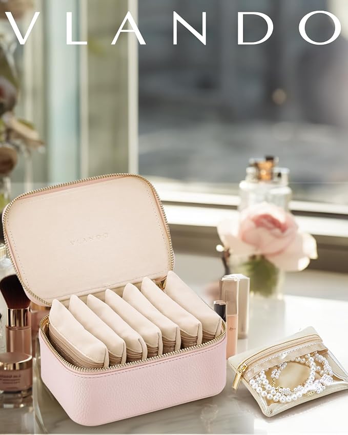 VLANDO Jewelry Travel Case,Gifts for Women,Travel Jewelry Organizer with Clear Velvet Jewelry Bags Zipper Pouch for Women Girl Gift-Pink 8Pcs