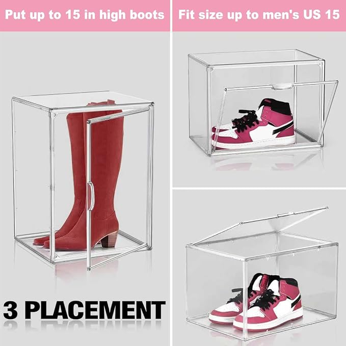 5 Pack Tall Boot Storage Box, XX-Large Clear Acrylic Shoe Storage Boxes, Fits Men's & Women's Shoes Up to Size 15, Stackable Shoe Organizer for High-Tops Sneakers, Hiking Boot, Cowboy Boot