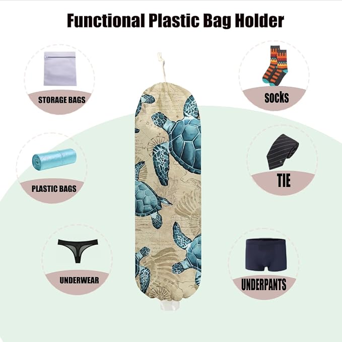 Turtle Plastic Bag Holder for Kitchen Essentials Sea Turtle Gifts for Women | Shells Wall Mount Grocery Bag Holder for Plastic Bags, Reusable Grocery Bags Storage Dispenser for Kitchen Pantry Decor