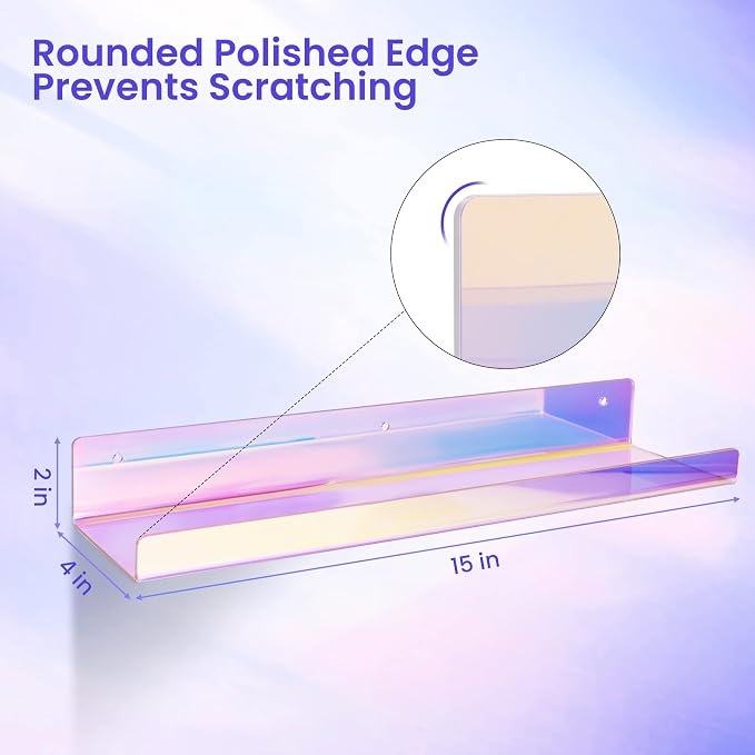 upsimples 2 Pcs 15" Iridescent Acrylic Shelves for Wall Decor and Display | Cute Floating Shelf for Perfume, Skincare, Nail Polish, Wall Organizer for Bedroom, Living Room, Playroom, Room Décor