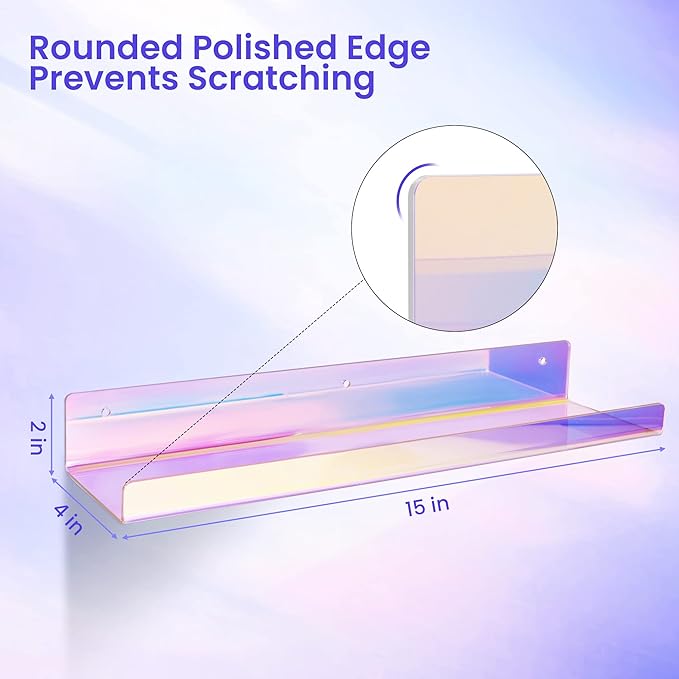 upsimples 4 Pcs 15" Iridescent Acrylic Shelves for Wall Decor and Display | Cute Floating Shelf for Perfume, Skincare, Nail Polish, Wall Organizer for Bedroom, Living Room, Playroom, Room Décor