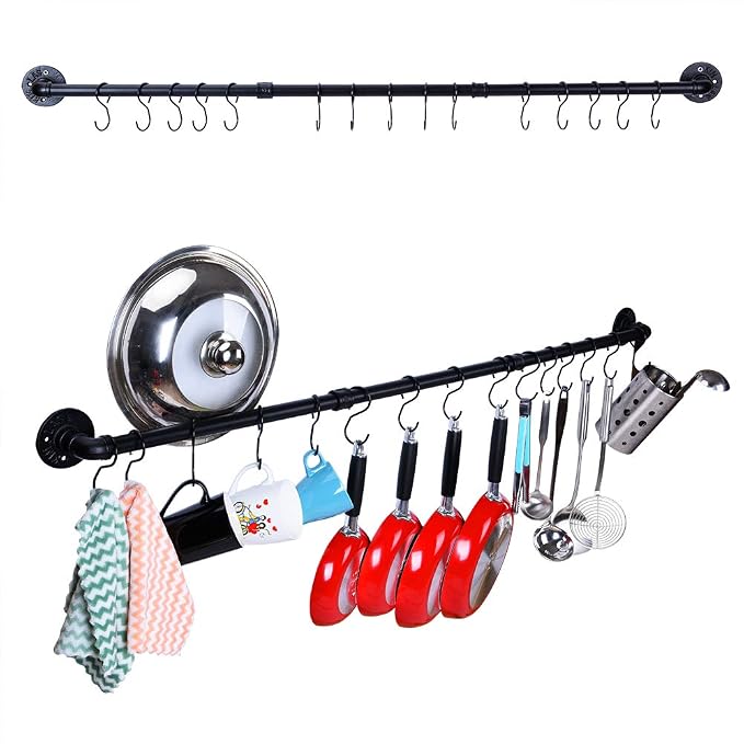 WuGeShop 50.4 inch Hanging Pot Rack Wall Mounted Pot Pans Hanging Rail, Industrial Long Pot Pan Bar With 15 S Hooks, Black Pot Hangers Kitchen Pot and Pan Hanging Rack
