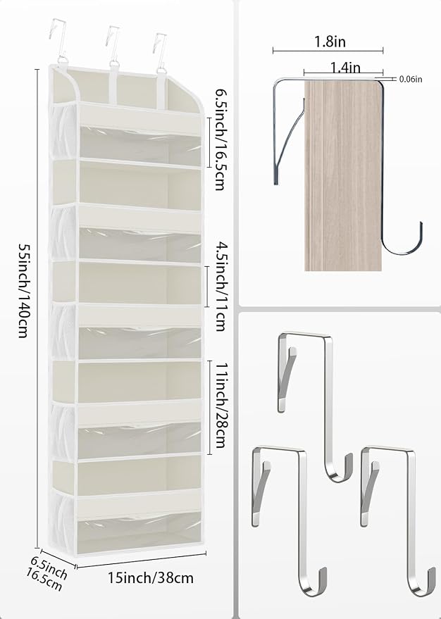 TAHAVICE 2 Pack Over the Door Storage Organizer with 5 Large Pockets | 44 lbs Weight Capacity & 10 Mesh Pockets Door Hanging Organizers and Storage for Bedroom,Bathroom,Nursery,Babyroom(Beige)