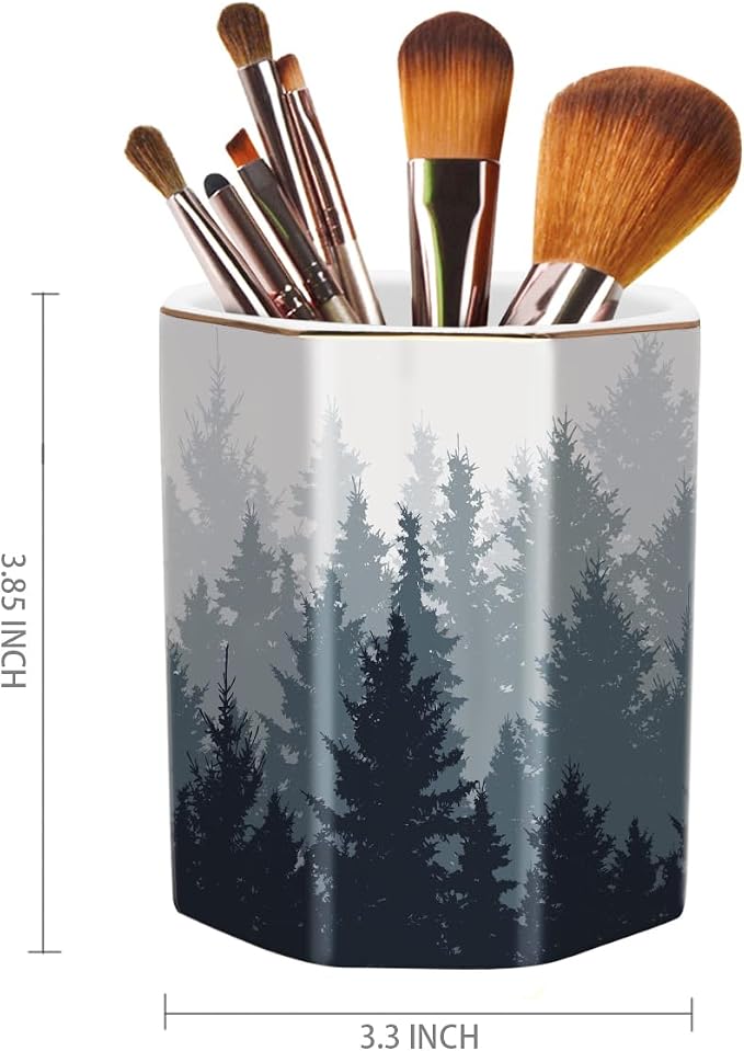 Pencil Pen Holder for Desk, Cute Makeup Brush Holder, Desktop Supplies and Accessories for Women Students, Art Supply Caddy, Forest Pattern