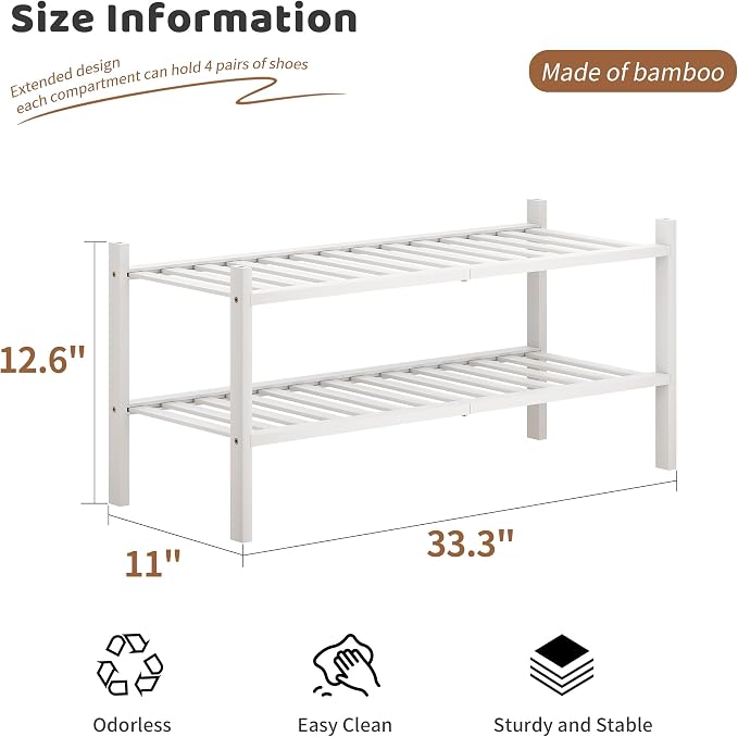 Bamboo Shoe Rack Stackable Shoe Shelf Storage Organizer for Unit Entryway Hallway and Closet Sturdy Freestanding Shoe Shelf(2 Tier White)