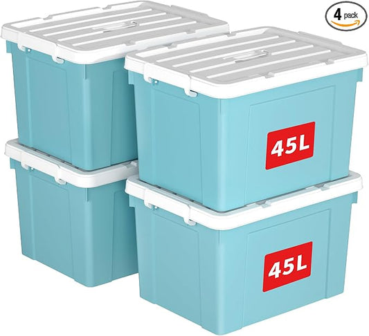 Cetomo Lidded Storage Bin with Handle, Tote Organizing Container with Durable Lid and Secure Latching Buckles, Stackable and Nestable, Plastic, 50 Quart-4 Pack, Blue