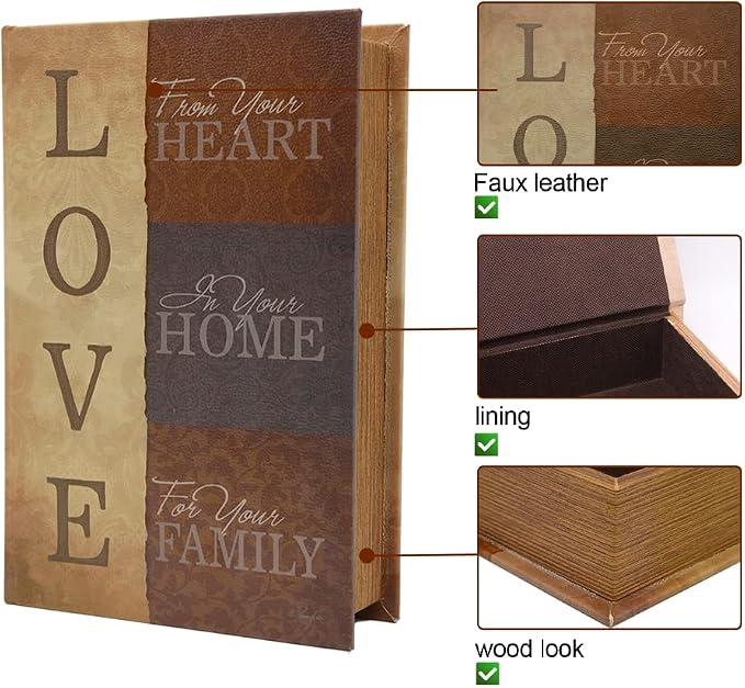 PACOLO Decorative Book Boxes, Faux Wood with Magnetic cover Storage for Hidden Jewelry, Money, and Cash (Love)