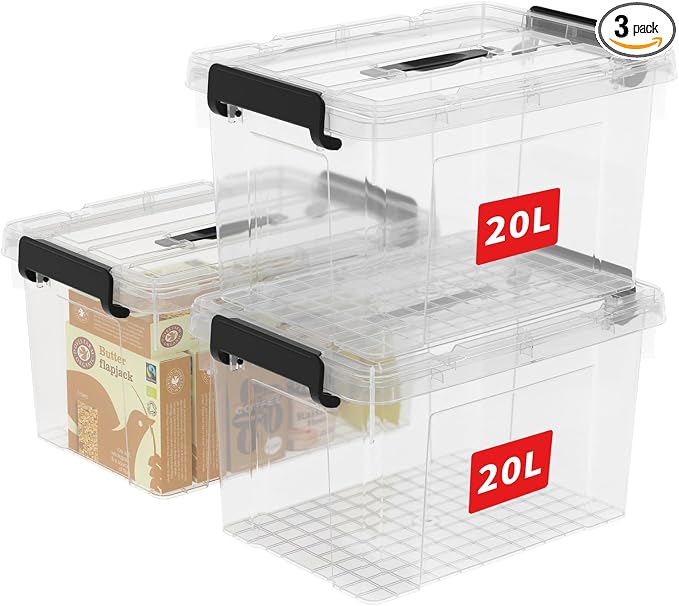 Cetomo Lidded Storage Bin with Handle, Tote Organizing Container with Durable Lid and Secure Latching Buckles, Stackable and Nestable, Plastic, 25 Quart-3 Pack, Clear