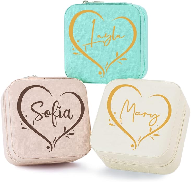 Bridesmaid Gifts Jewelry Box Personalized Small Jewelry Travel Case Custom PU Leather Portable Bridesmaid Proposal Boxes Mini Jewellery Organizer Storage Earrings Rings Necklaces for Women Girls-Pink