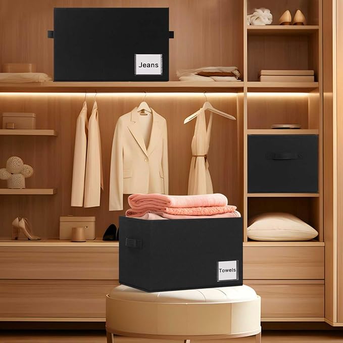3 Pack Fabric Storage Bins Storage Basket Closet Shelf Organizer for Closet Organizing, Decorative Large Linen Closet Organizers and Storage (Black, 15"x11"x9.5")
