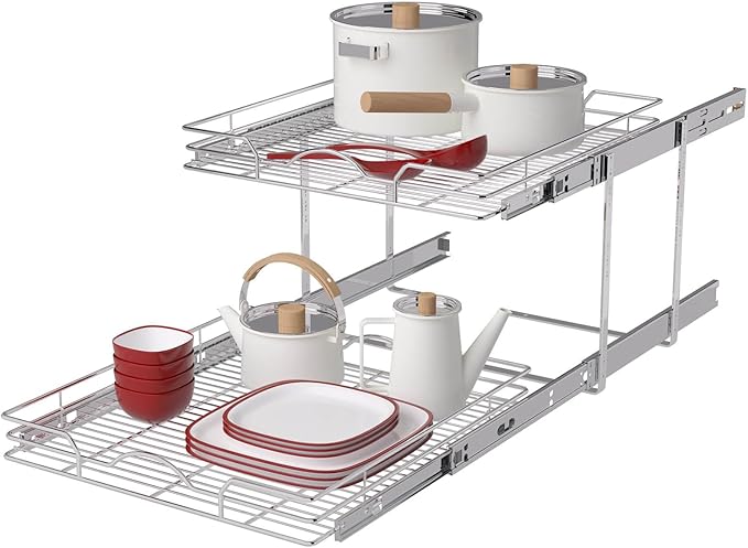 OCG 2 Tier Pull Out Cabinet Organizer (18.5" W x 18" D), Pull Out Drawers for Kitchen Cabinets, Pull Out Shelves for Base Cabinet Organization in Kitchen Bathroom Pantry, Chrome Finish