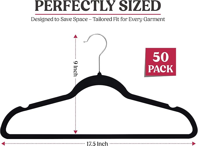 LDC Black Velvet Hangers 50 Pack - Premium Non-Slip Clothes Coat Pants Felt Hanger for Closet - Heavy Duty Space Saving 360° Swivel Hook Hangars - Black