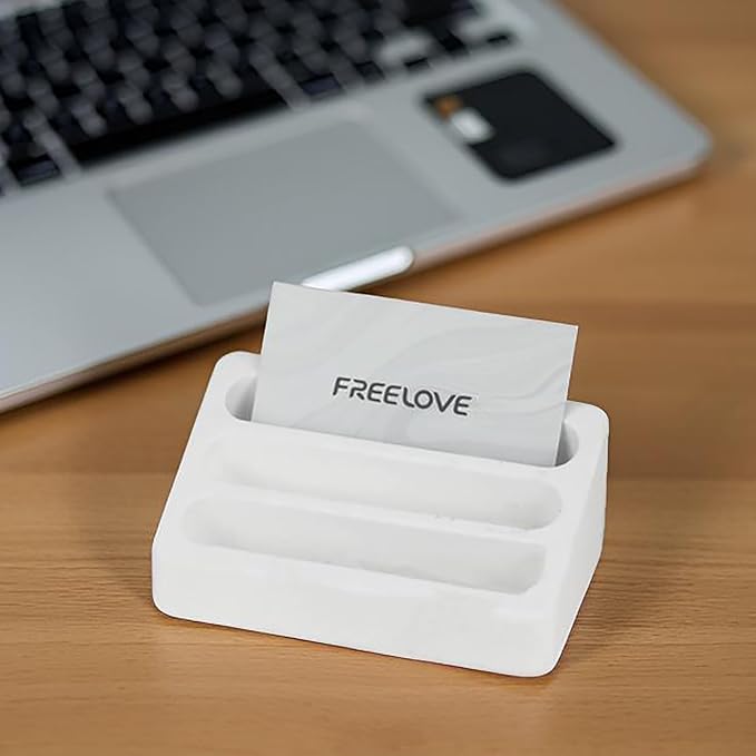 FREELOVE Desktop Card Holder, Concrete, Handmade, 3 Stair 3 Slots, Fits 30-50 Business Cards, Stone Weighted, Smooth Finish, Eva Base, Office Desk Organizer (White, Small)