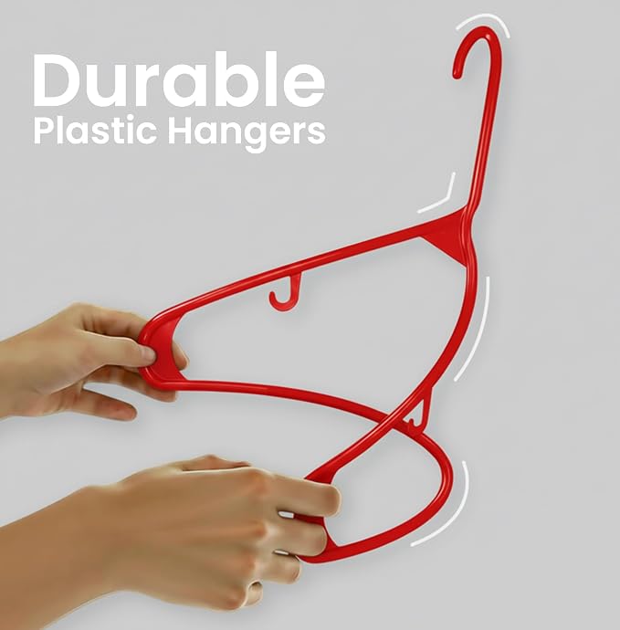 Utopia Home Plastic Hangers 50 Pack – Built-in Strap Hooks Red | Space saving | Durable & strong | Closet organizer | Clothes hangers | Ideal for shirts, pants, skirts & coats